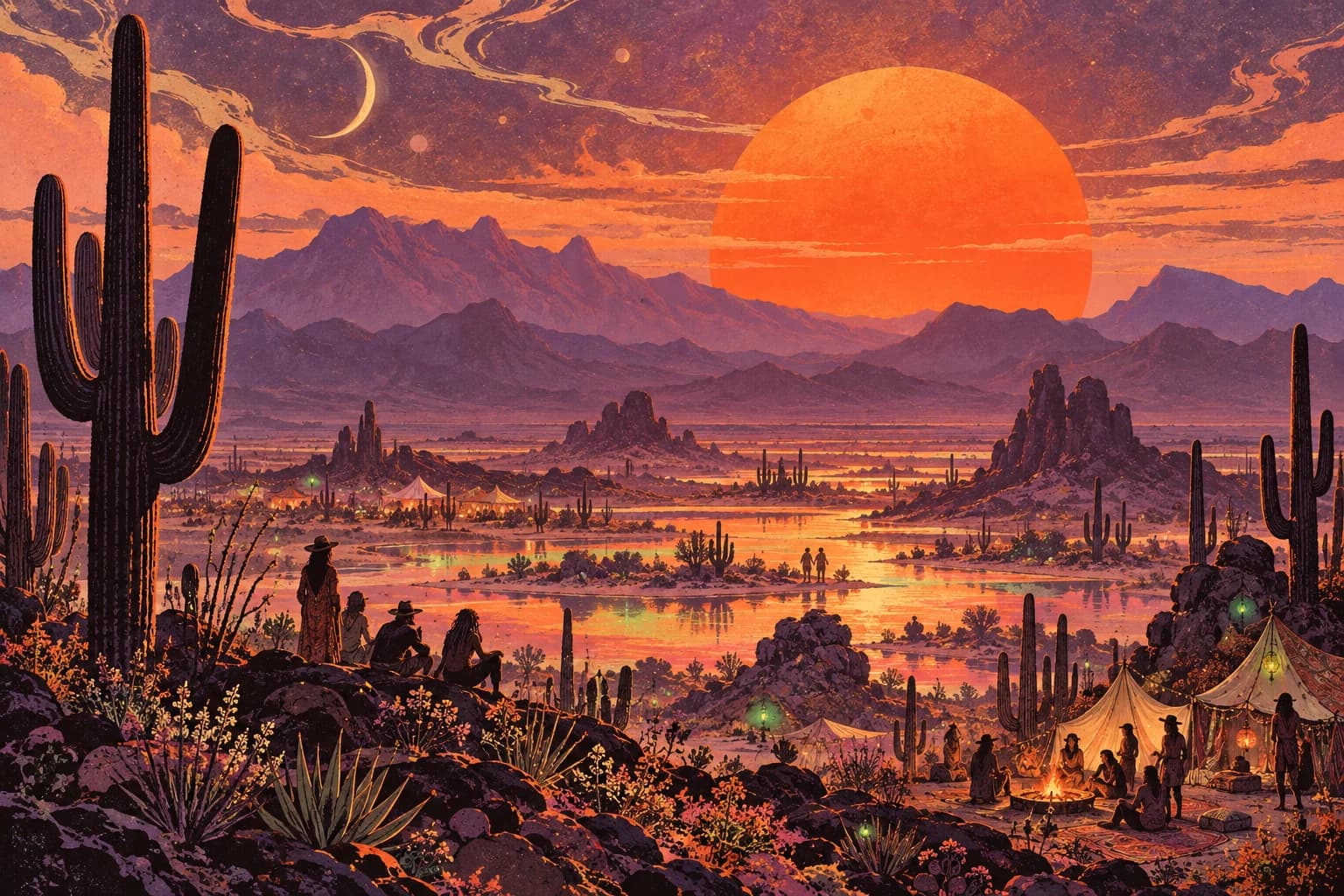 Psychedelic desert artwork with an orange sun and purple mountains